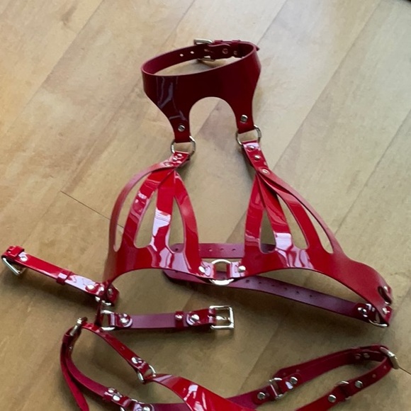 MarieMur Red leather bondage bra and panties - Picture 3 of 14